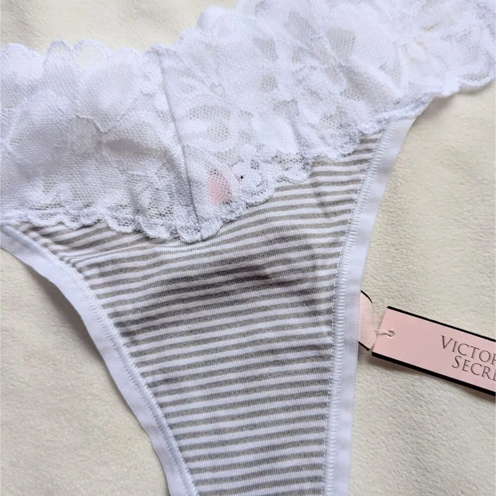 Victoria's Secret The Lacie Lace-Waist Cotton Thong Panties M New
